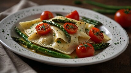 Homemade Ravioli With Tomatoes, Asparagus, Garlic, and Herbs