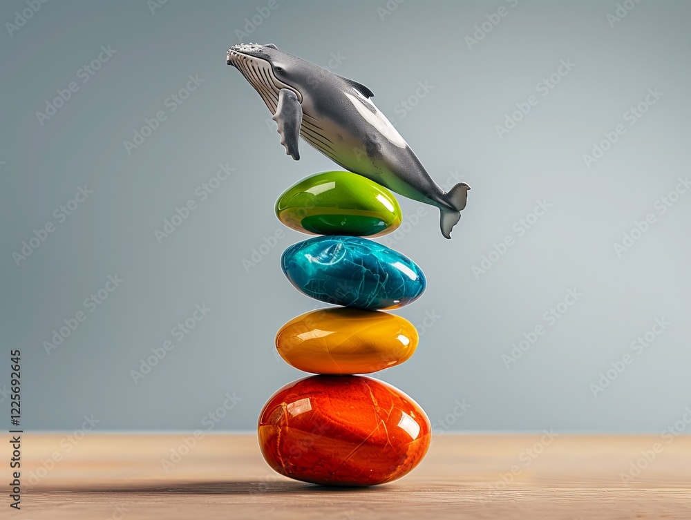 Poster a whale figurine leaps above a stack of colorful stones, creating a playful and imaginative scene. m