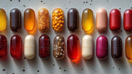Variety of colorful capsules and vitamins arranged neatly on a surface
