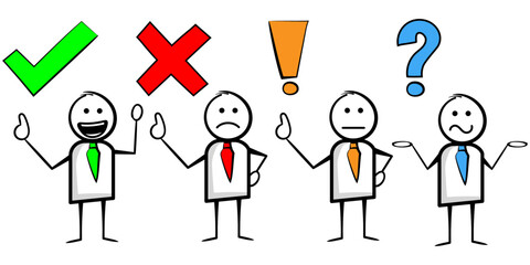 Naklejka premium Stickman character review symbols, positive, negative or question mark analysis