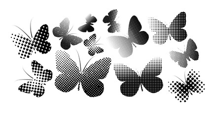 Butterflies set of dots halftone. Hand drawing Not AI. Vector illustration