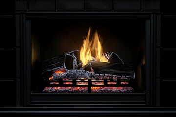 Modern Black Fireplace With Burning Logs And Flames