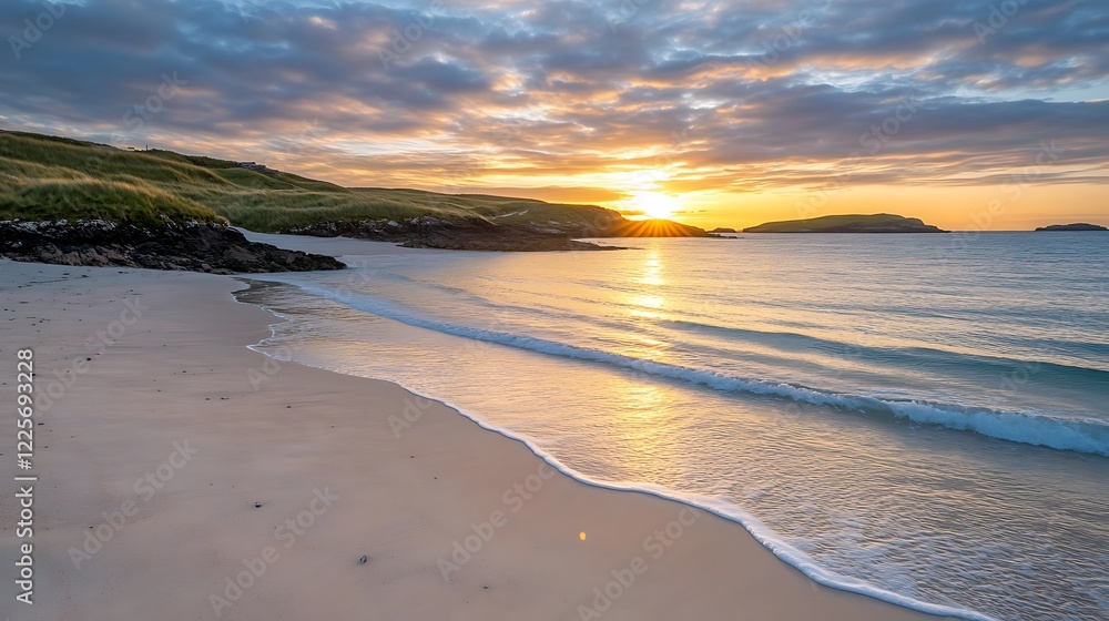Poster a serene beach at sunrise with the first rays of light reflecting off the water and soft waves lappi