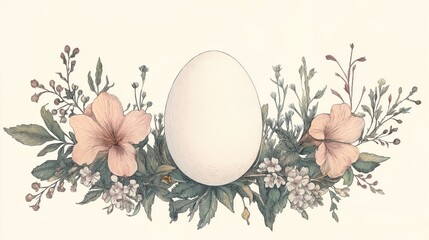 Artistic floral arrangement featuring a white egg in a botanical design