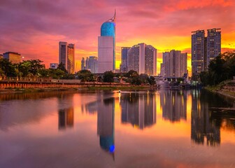 city skyline at sunset