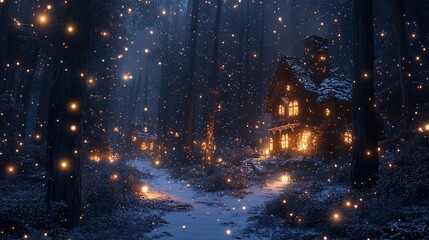 A magical winter forest with glowing snowflakes falling and a cozy cabin nestled among the trees, warm and inviting 