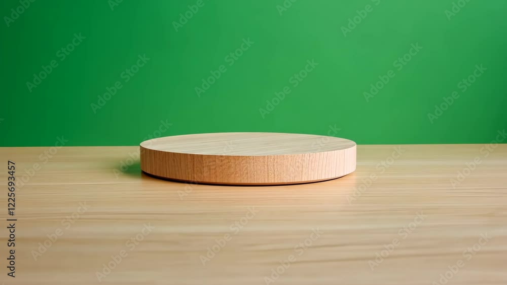 Poster wooden rotating platform on table with green background for product display and presentation in stoc