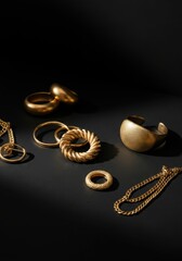 Elegant collection of gold rings, bracelets, and chains on black background