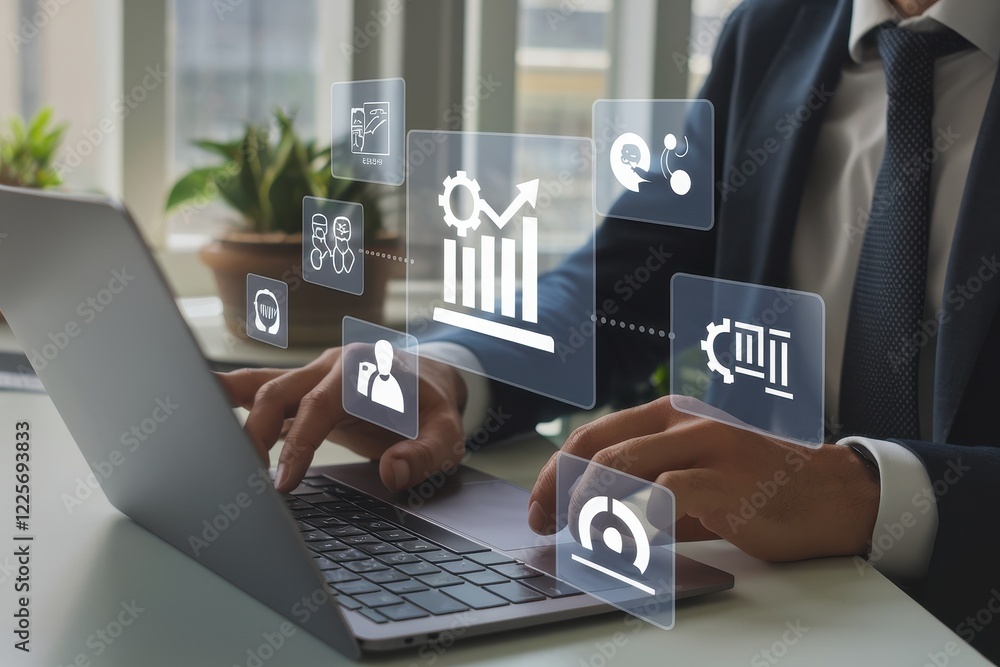 Poster businessman analyzing data on laptop with holographic interface
