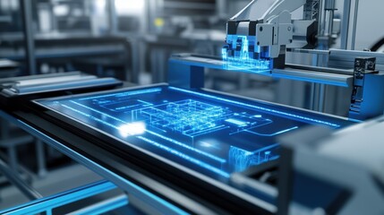 An electronic tablet positioned on a factory bench shows a 3D model of parts being assembled overlaying guidance arrows and dimensions to facilitate accuracy.