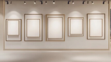 A boutique retail store with six wall frame mockups of varying sizes displayed on a clean, minimalist wall, each illuminated by track lighting for a sophisticated look.