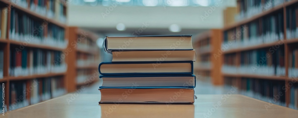 Poster books stacked on a desk in a public library, ready to be enjoyed by readers