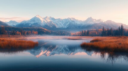 Fototapeta premium Serene autumn sunrise over misty lake reflecting snow-capped mountains