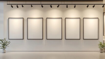 A boutique retail store with six wall frame mockups of varying sizes displayed on a clean, minimalist wall, each illuminated by track lighting for a sophisticated look.