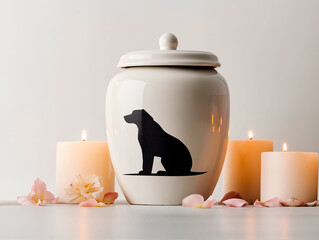 White urn with dog silhouette in peaceful style in white colors for pet memorial.