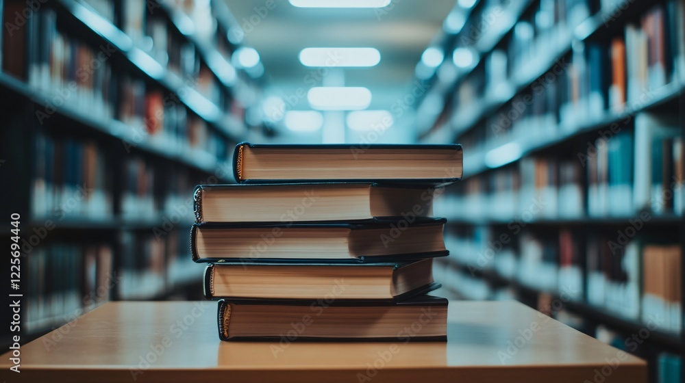 Poster books stacked on a table in a library, with rows of bookshelves stretching into the background