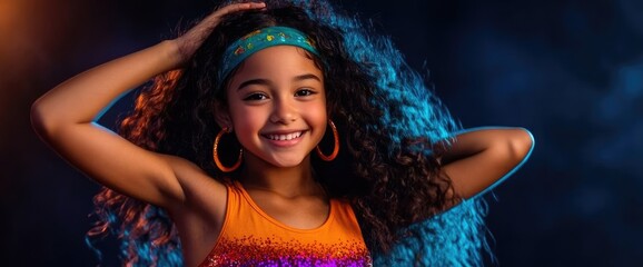 Fototapeta premium Happy girl, curly hair, studio portrait, colorful background, fashion