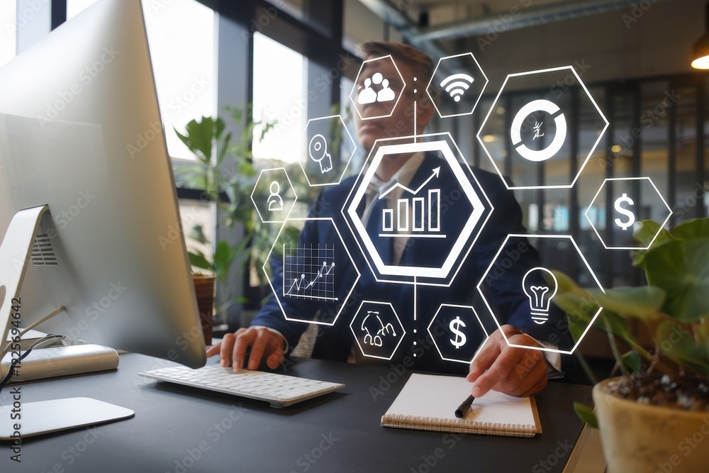 Poster businessman analyzing data on computer screen with growth charts and financial icons