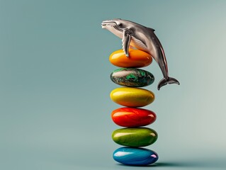 A playful illustration of a whale balancing on colorful stacked stones, creating a cheerful and whimsical scene. Heaviest Balance ,resistance to gravity
