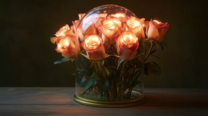 A bouquet of preserved roses in a glass dome, glowing softly with embedded LED lights, creating a timeless Valentine's Day gift.