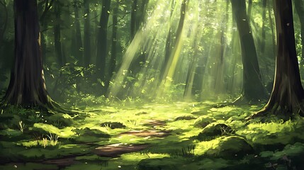 Obraz premium A serene forest clearing with a soft carpet of moss, dappled sunlight, and the distant sound of a stream