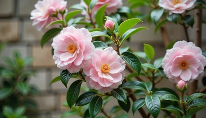 Obraz premium Pastel pink camellias blooming in serene courtyard, nature's beauty