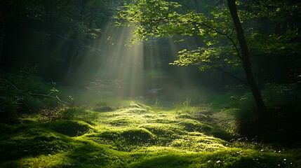 Naklejka premium A serene forest clearing with a soft carpet of moss, dappled sunlight, and the distant sound of a stream
