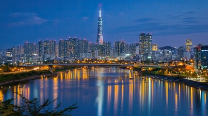 Naklejka premium Night Cityscape Reflecting in Calm Waters