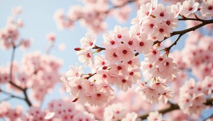 Blooming cherry blossoms under blue sky, joyful mood, vibrant display in spring, blurred background