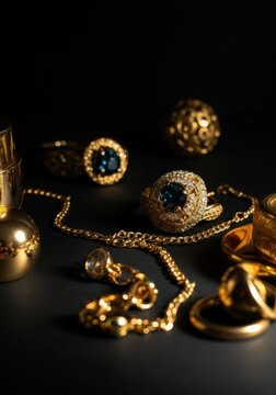 Elegant gold jewelry with sapphire and diamond accents on dark background