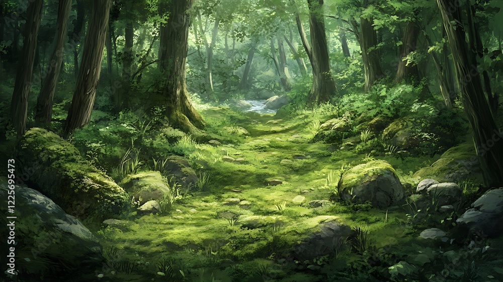 Poster a serene forest clearing with a soft carpet of moss, dappled sunlight, and the distant sound of a st