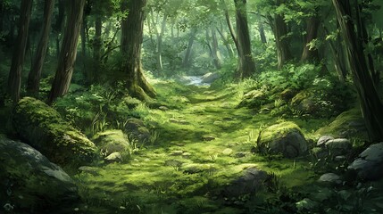 Obraz premium A serene forest clearing with a soft carpet of moss, dappled sunlight, and the distant sound of a stream
