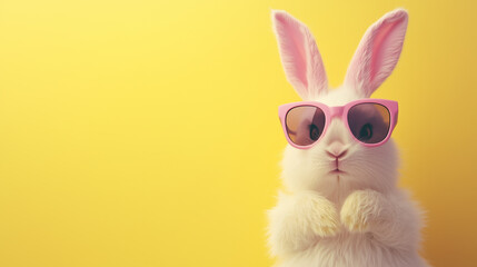 Fototapeta premium Funny cute rabbit, easter bunny wearing trendy sunglasses. Pastel yellow background. Beautiful design for easter greeting card, invitation card. Copy space available. Easter theme.