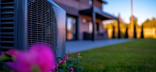Obraz premium Heat pump outside modern home, sunset, garden