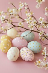 Fototapeta premium Pastel Easter Eggs Nestled Amongst Delicate Spring Blossoms