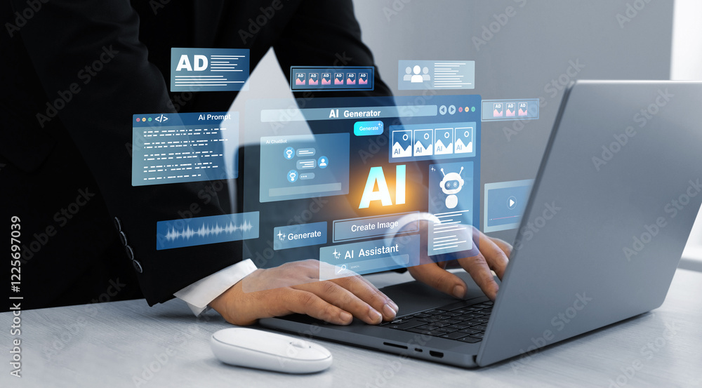 Poster person using laptop with ai content generator. interaction with the ai assistant to solve some tasks