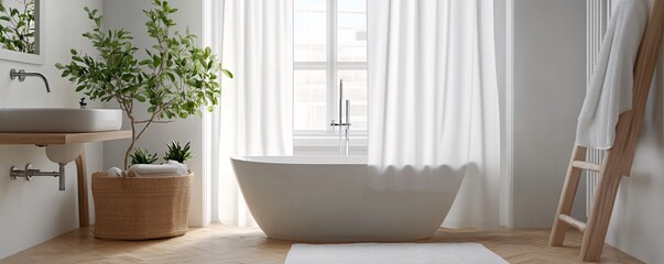 Modern bathroom with a large window, bathtub, and a houseplant in a wicker basket