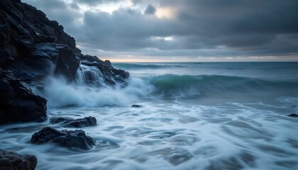 Obraz premium Dramatic Ocean Waves Crashing on Rocky Coast at Sunset