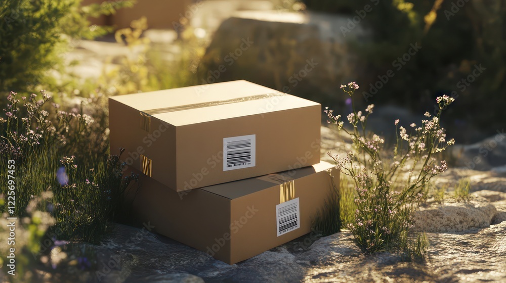 Poster 3d cardboard box or parcel box stack on ground with barcode icon. 3d render