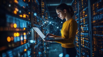 Software, coding hologram and woman on laptop thinking of data analytics, digital technology and night overlay. Programmer or IT person in glasses on 3d screen, programming and cybersecurity research