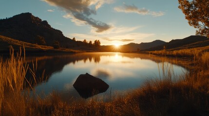 Serene Sunrise Over Tranquil Lake, golden hues reflecting on calm waters, expansive view capturing nature's peaceful awakening.