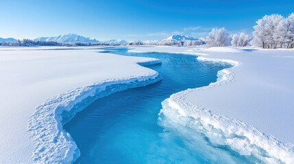Obraz premium Frozen river meanders through snowy landscape, mountains background, winter scene, nature photography