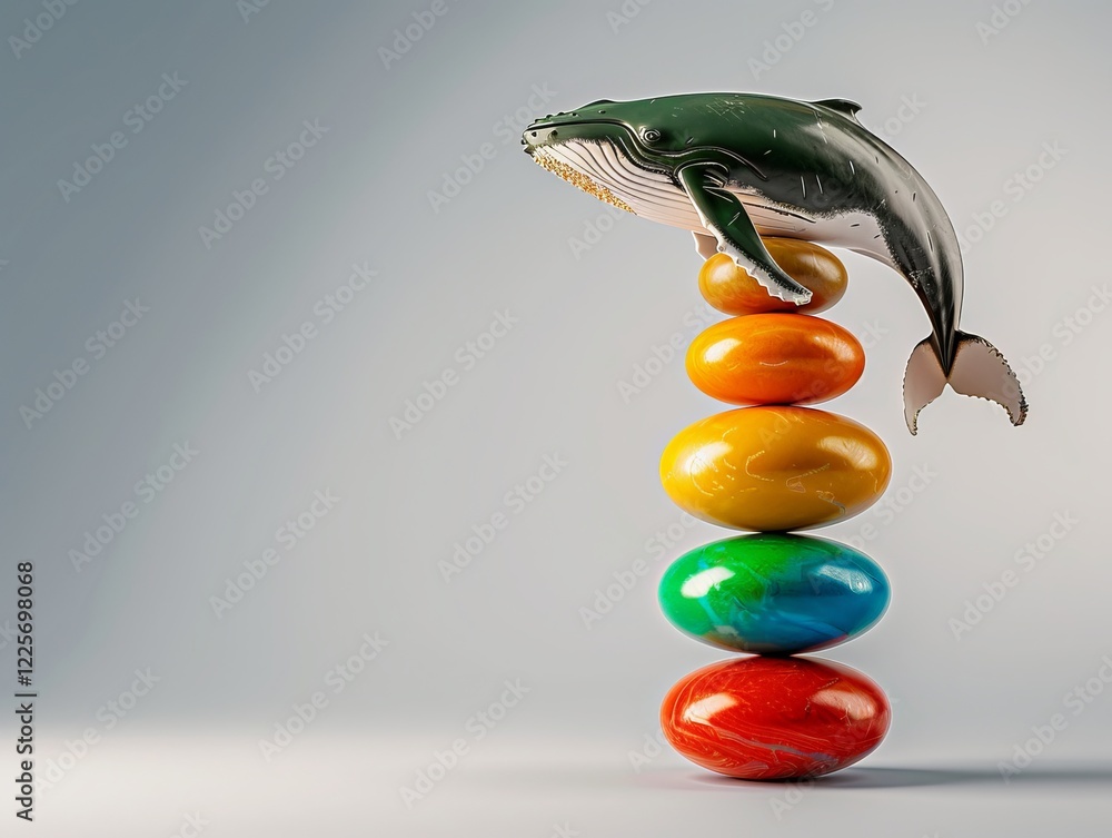 Poster a life-like whale figurine balances atop a colorful stack of polished stones, creating a whimsical a