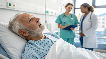 Obraz premium Elderly man suffers heart attack in hospital, medical assistance is provided