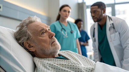 Fototapeta premium Elderly man suffers heart attack in hospital, medical assistance is provided