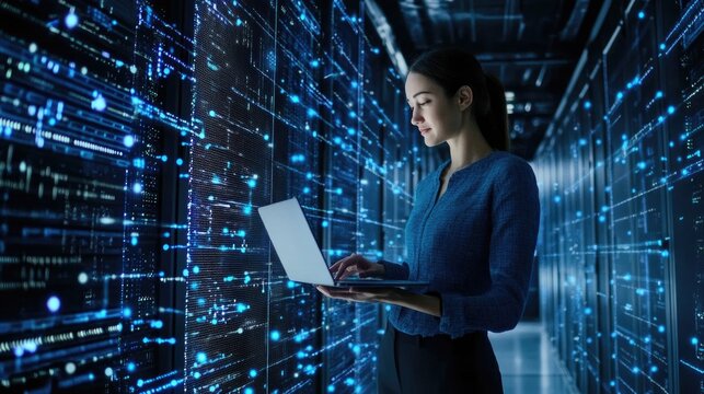 Woman programmer using laptop, data processing connecting with internet global network, cloud computing and data center network server, cyber security, software development, data engineering - Powered by Adobe