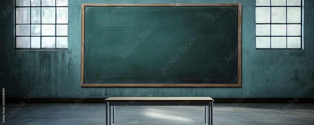 Poster professor's desk and blank chalkboard are ready for students in an empty classroom