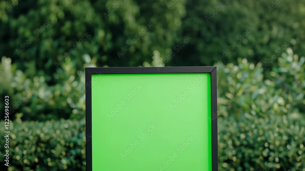 Aufkleber advertising billboard with green screen display in park setting at dusk for marketing and branding c