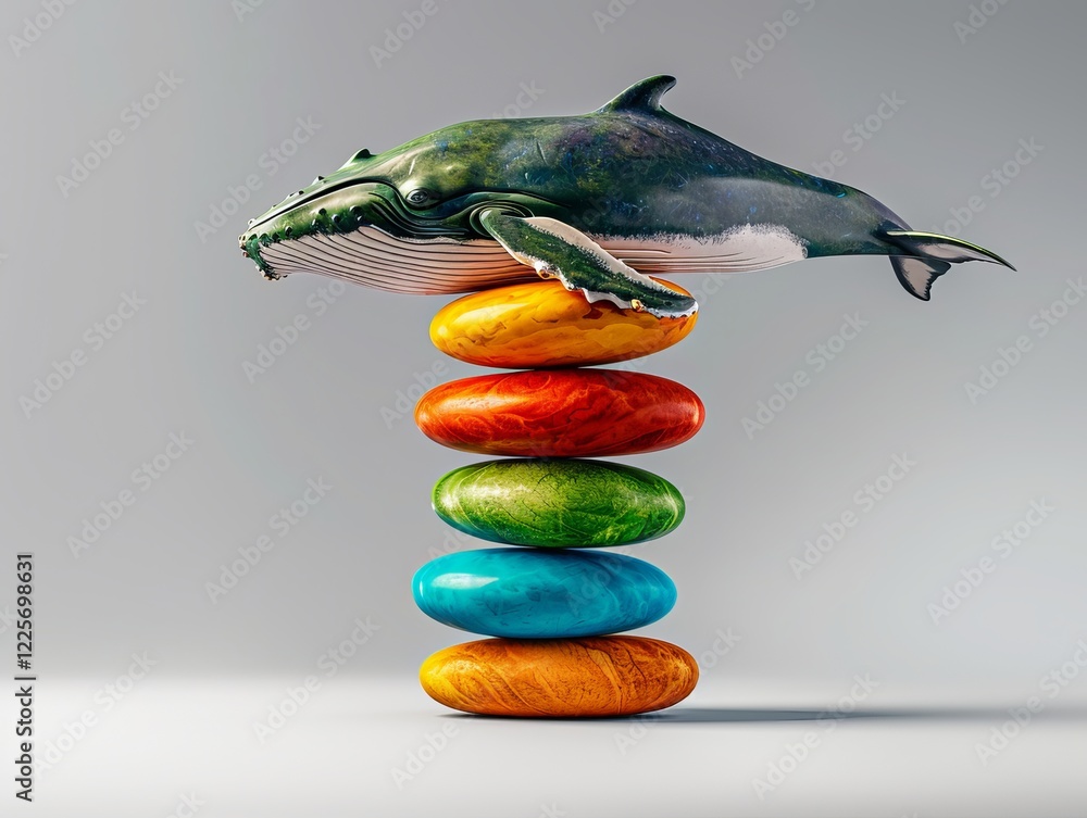 Wall mural a beautifully crafted illustration of a humpback whale resting atop colorful stones in a surreal com
