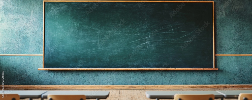 Poster Empty classroom with a large chalkboard evokes a nostalgic feeling of excitement for learning